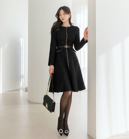 Luxury Elegant Black Tweed Mini Dress with Belt / Korean Style Winter Mini Flare Dress / Luxury wear Elegant Black Dress