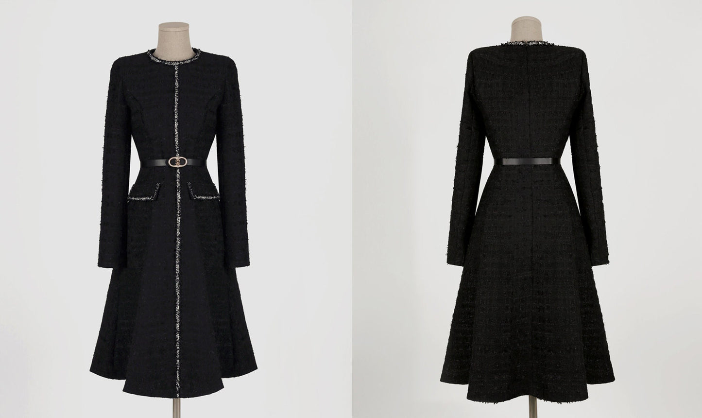 Luxury Elegant Black Tweed Mini Dress with Belt / Korean Style Winter Mini Flare Dress / Luxury wear Elegant Black Dress