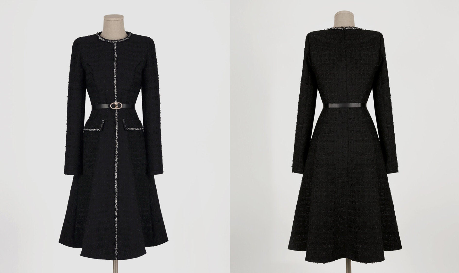 Luxury Elegant Black Tweed Mini Dress with Belt / Korean Style Winter Mini Flare Dress / Luxury wear Elegant Black Dress