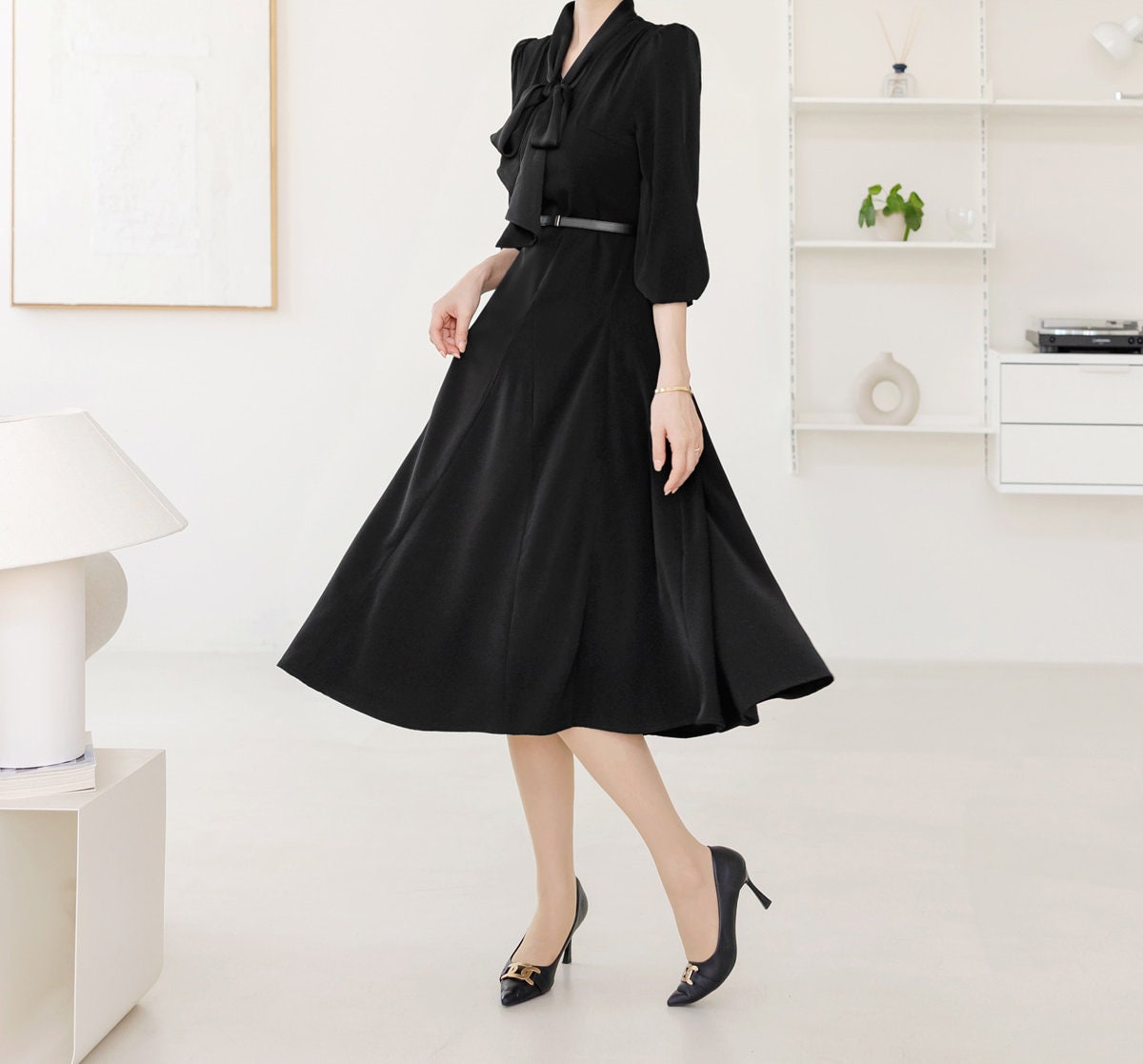 Classic Feminine Flare Dress with Belt / Korean Style Elegant Mini Dress with Long Sleeve / Lovely Scarf Tie Neckline Dress with Belt