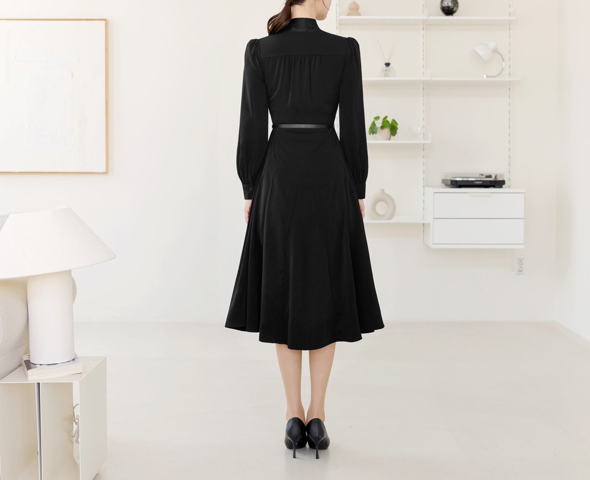 Classic Feminine Flare Dress with Belt / Korean Style Elegant Mini Dress with Long Sleeve / Lovely Scarf Tie Neckline Dress with Belt