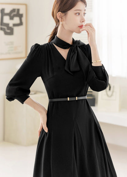 Classic Feminine Flare Dress with Belt / Korean Style Elegant Mini Dress with Long Sleeve / Lovely Scarf Tie Neckline Dress with Belt