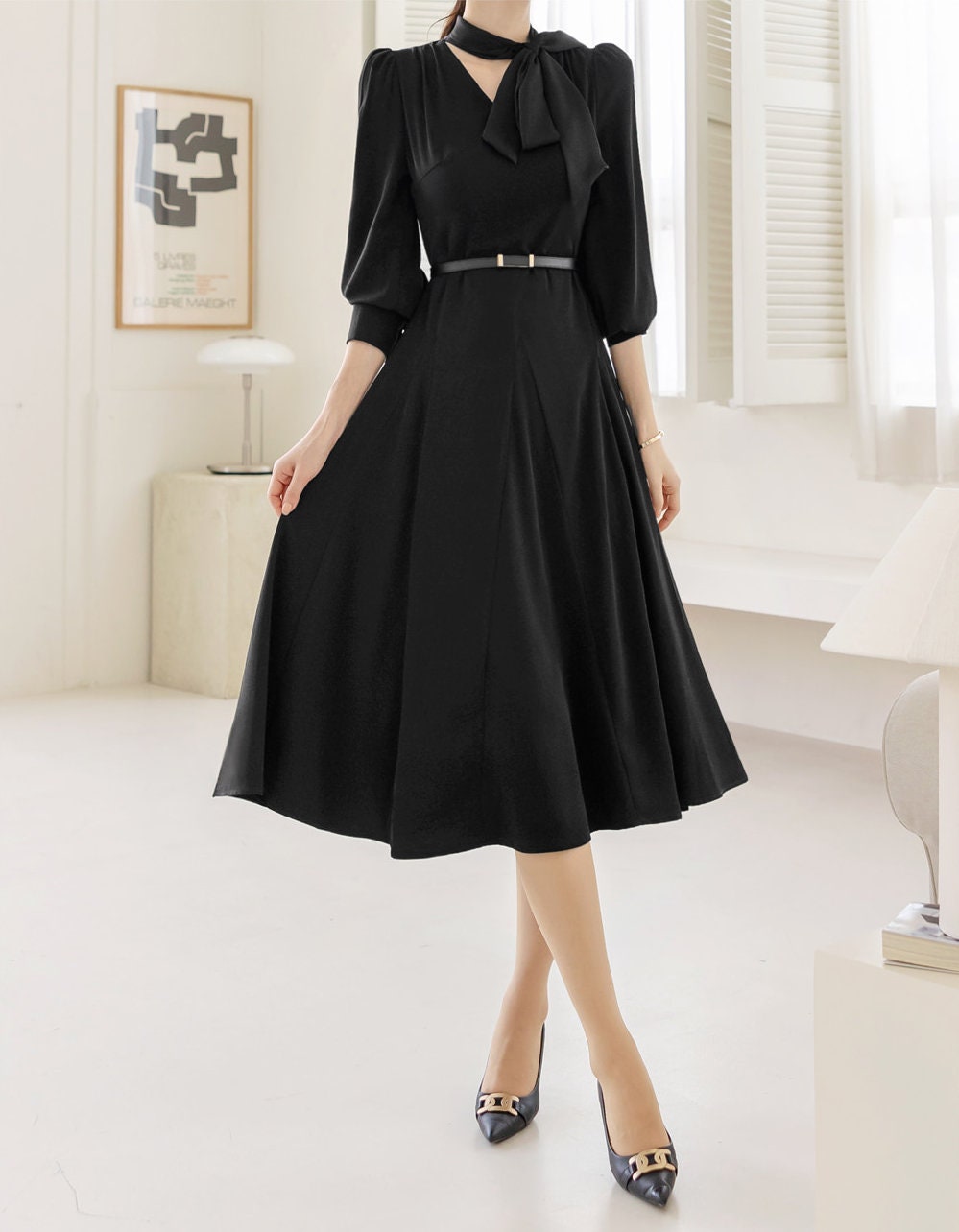 Classic Feminine Flare Dress with Belt / Korean Style Elegant Mini Dress with Long Sleeve / Lovely Scarf Tie Neckline Dress with Belt