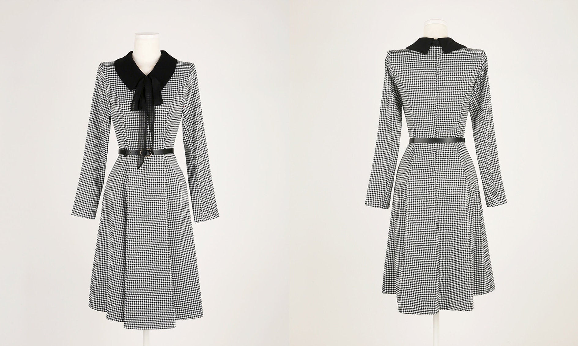 Classic Elegant Houndstooth Tweed Mini Dress with Belt / Korean Style Mini Flare Dress / Luxury Wear Elegant Dress with Chiffon Ribbon Strap