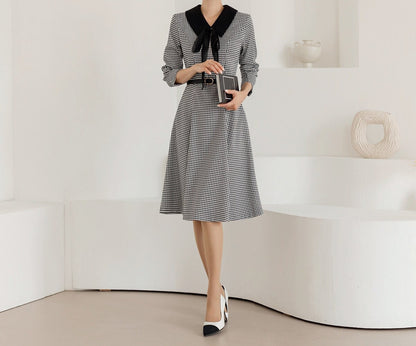 Classic Elegant Houndstooth Tweed Mini Dress with Belt / Korean Style Mini Flare Dress / Luxury Wear Elegant Dress with Chiffon Ribbon Strap