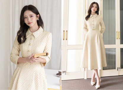 Classic Feminin Collared Neck Flare Dress with Belt, Korean Style 3/4 Sleeve Luxury Party Dress / Elegant Unique Bridal Dress