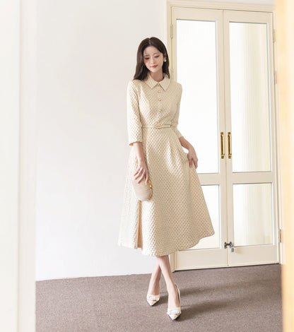 Classic Feminin Collared Neck Flare Dress with Belt, Korean Style 3/4 Sleeve Luxury Party Dress / Elegant Unique Bridal Dress