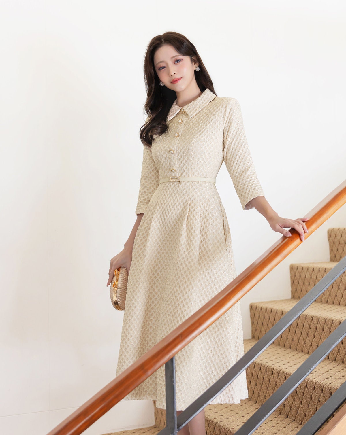 Classic Feminin Collared Neck Flare Dress with Belt, Korean Style 3/4 Sleeve Luxury Party Dress / Elegant Unique Bridal Dress