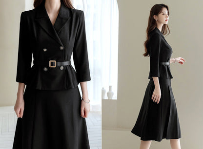 Elegant Feminin Peplum Style Jacket with Belt / Korean Style Spring Fall 3/4 Sleeve Top Jacket / Daily Set up Jacket for Women