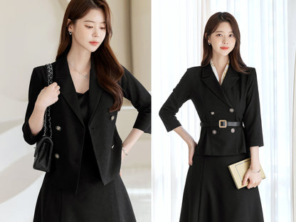 Elegant Feminin Peplum Style Jacket with Belt / Korean Style Spring Fall 3/4 Sleeve Top Jacket / Daily Set up Jacket for Women