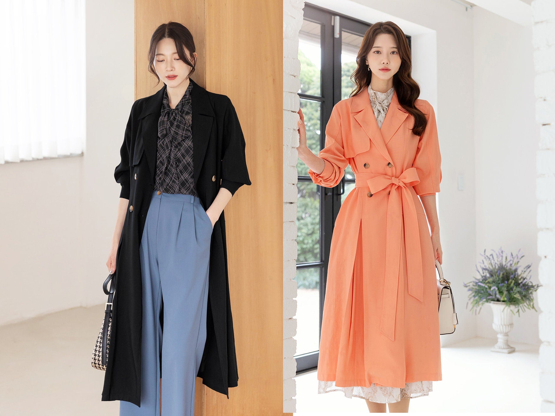 Elegant Feminine Classic Pintuck Trench Coat / Korean Style Trench Long Jacket for Women / Women Long Double Breasted Coat with Strap Belt