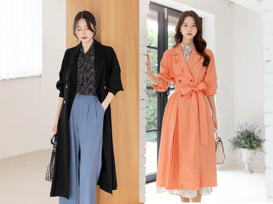 Elegant Feminine Classic Pintuck Trench Coat / Korean Style Trench Long Jacket for Women / Women Long Double Breasted Coat with Strap Belt