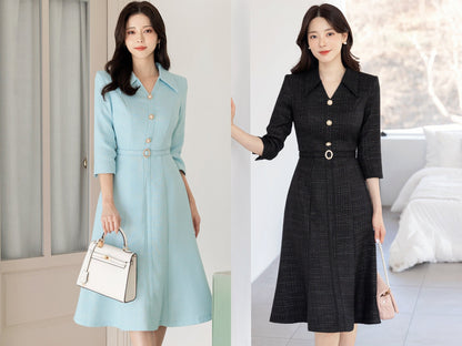 Feminine Elegant Jewel Button Tweed Dress with Belt / Korean Style Feminine Semi-Flare Dress / Luxury wear Elegant Party Dress