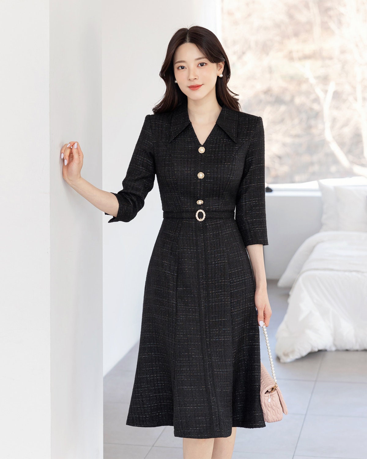 Feminine Elegant Jewel Button Tweed Dress with Belt / Korean Style Feminine Semi-Flare Dress / Luxury wear Elegant Party Dress