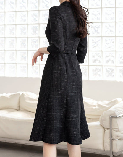 Feminine Elegant Jewel Button Tweed Dress with Belt / Korean Style Feminine Semi-Flare Dress / Luxury wear Elegant Party Dress