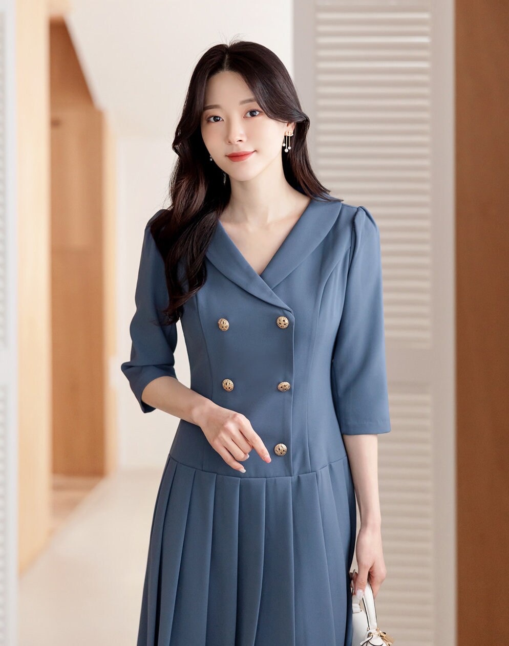 Feminine Elegant Double Breasted Pleated Dress / Korean Style Feminine Midi Dress / Luxury wear Elegant Party Dress