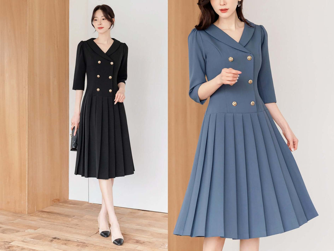 korean pleated dress Elegant Double Breasted – STUDIO731 Cotton 96.4% Color:Gunmetal Gray Heiress Beverly Hills Women's lily_microtrend::Barbiecore