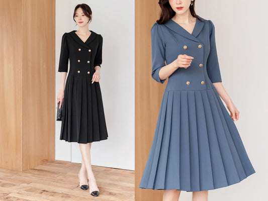 Feminine Elegant Double Breasted Pleated Dress / Korean Style Feminine Midi Dress / Luxury wear Elegant Party Dress