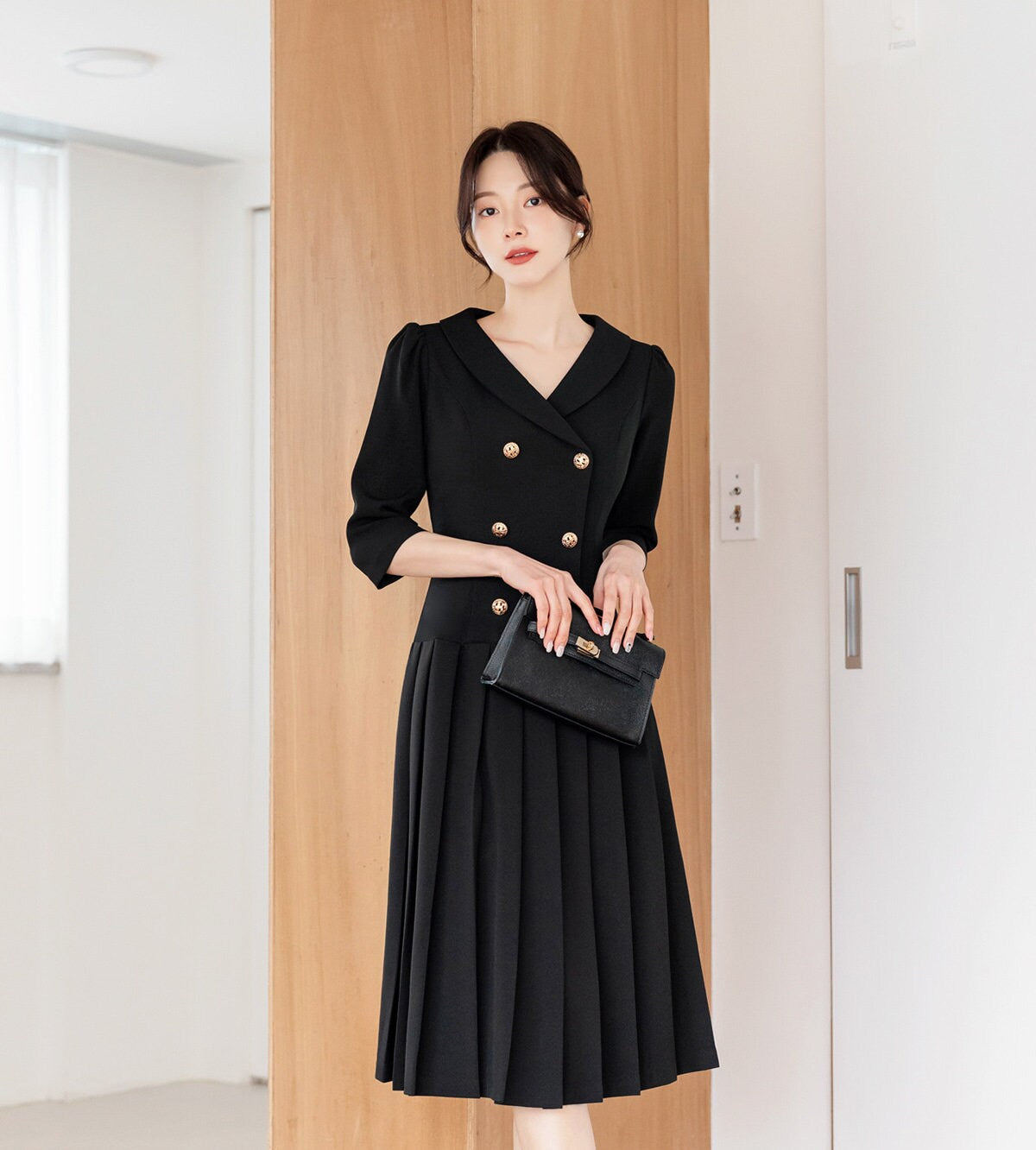 Feminine Elegant Double Breasted Pleated Dress / Korean Style Feminine Midi Dress / Luxury wear Elegant Party Dress