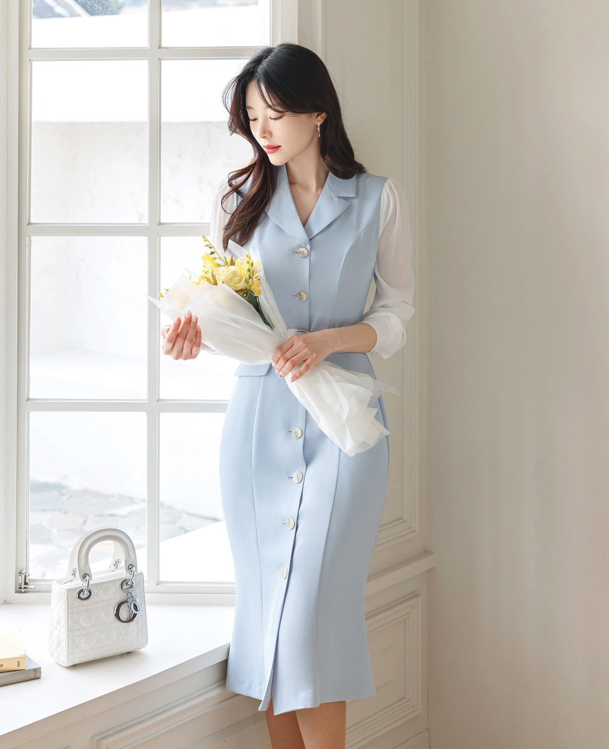 Classic Elegant Layered Semi-Mermaid Dress with Belt / Korean Style Feminine Midi Dress / Luxury wear Elegant Dress