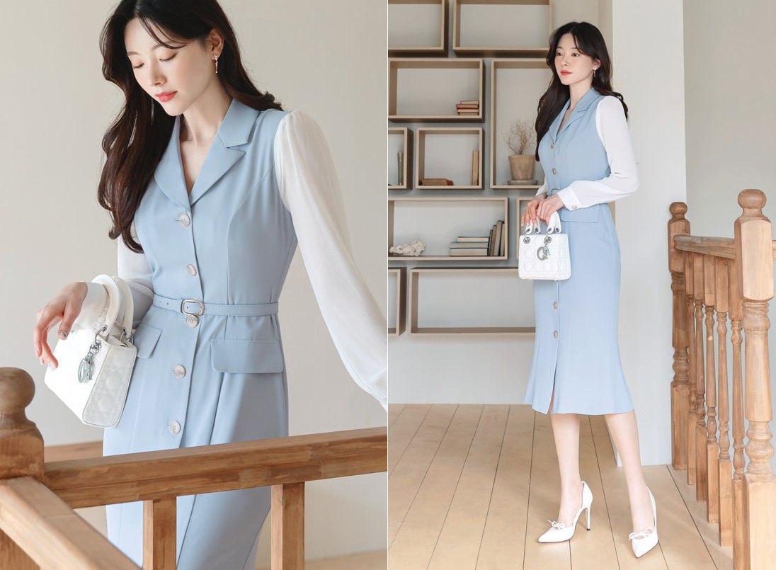 Classic Elegant Layered Semi-Mermaid Dress with Belt / Korean Style Feminine Midi Dress / Luxury wear Elegant Dress