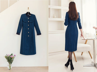 Feminine Elegant Tweed Dress with Gold Button / Korean Style Feminine V-Neck Midi Dress / Luxury wear Elegant Party Dress