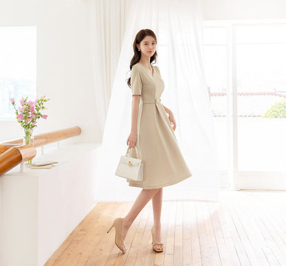 Elegant V Neck Flare Dress / Korean Style Short Sleeve Mini Dress with Pearl Button / Luxury wear Elegant Dress