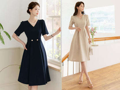 Elegant V Neck Flare Dress / Korean Style Short Sleeve Mini Dress with Pearl Button / Luxury wear Elegant Dress