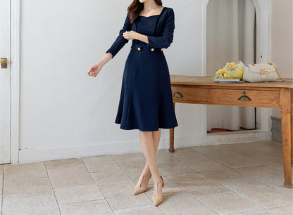 Elegant Square Neck Flare Dress / Korean Style Short Sleeve Mini Dress with Gold Button / Luxury wear Elegant Dress