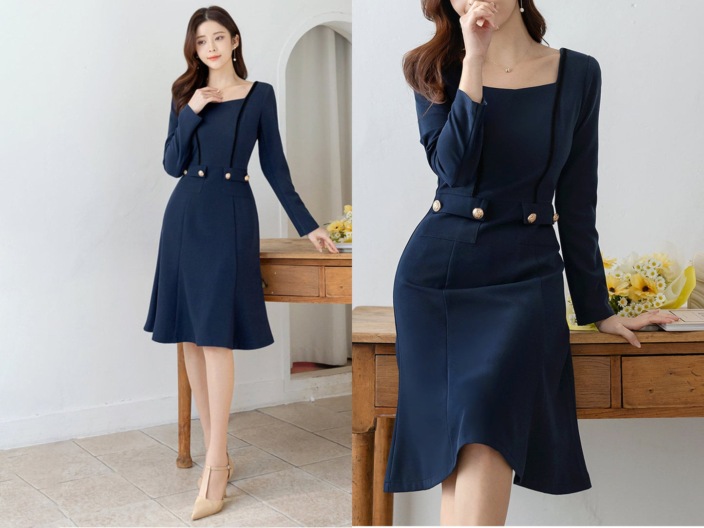 Elegant Square Neck Flare Dress / Korean Style Short Sleeve Mini Dress with Gold Button / Luxury wear Elegant Dress