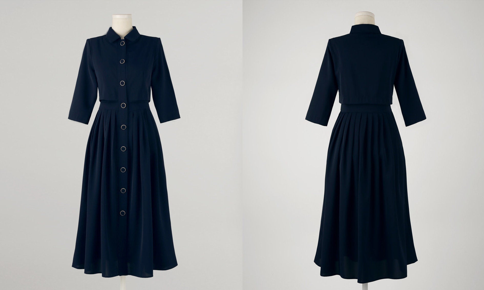 Classic Cropped Top Layered Design Flare Dress / Korean Style Women Dress / Elegant Feminin Shirt Dress / Basic Style Flare Dress Navy