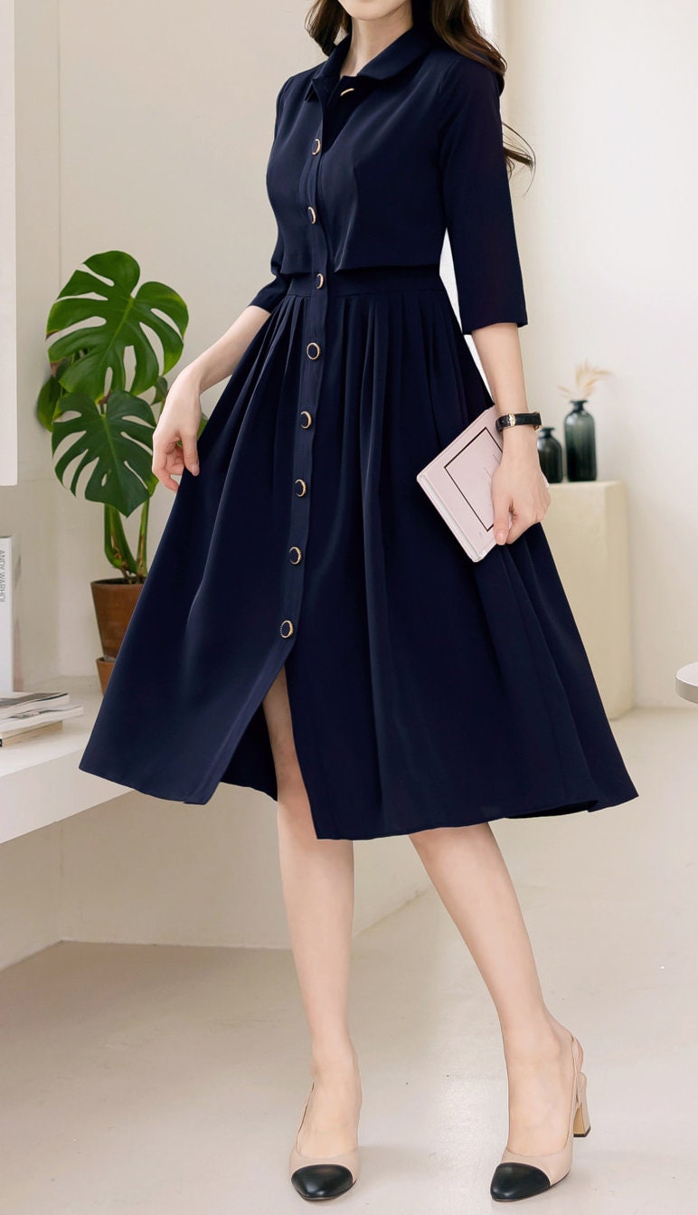 Classic Cropped Top Layered Design Flare Dress / Korean Style Women Dress / Elegant Feminin Shirt Dress / Basic Style Flare Dress Navy