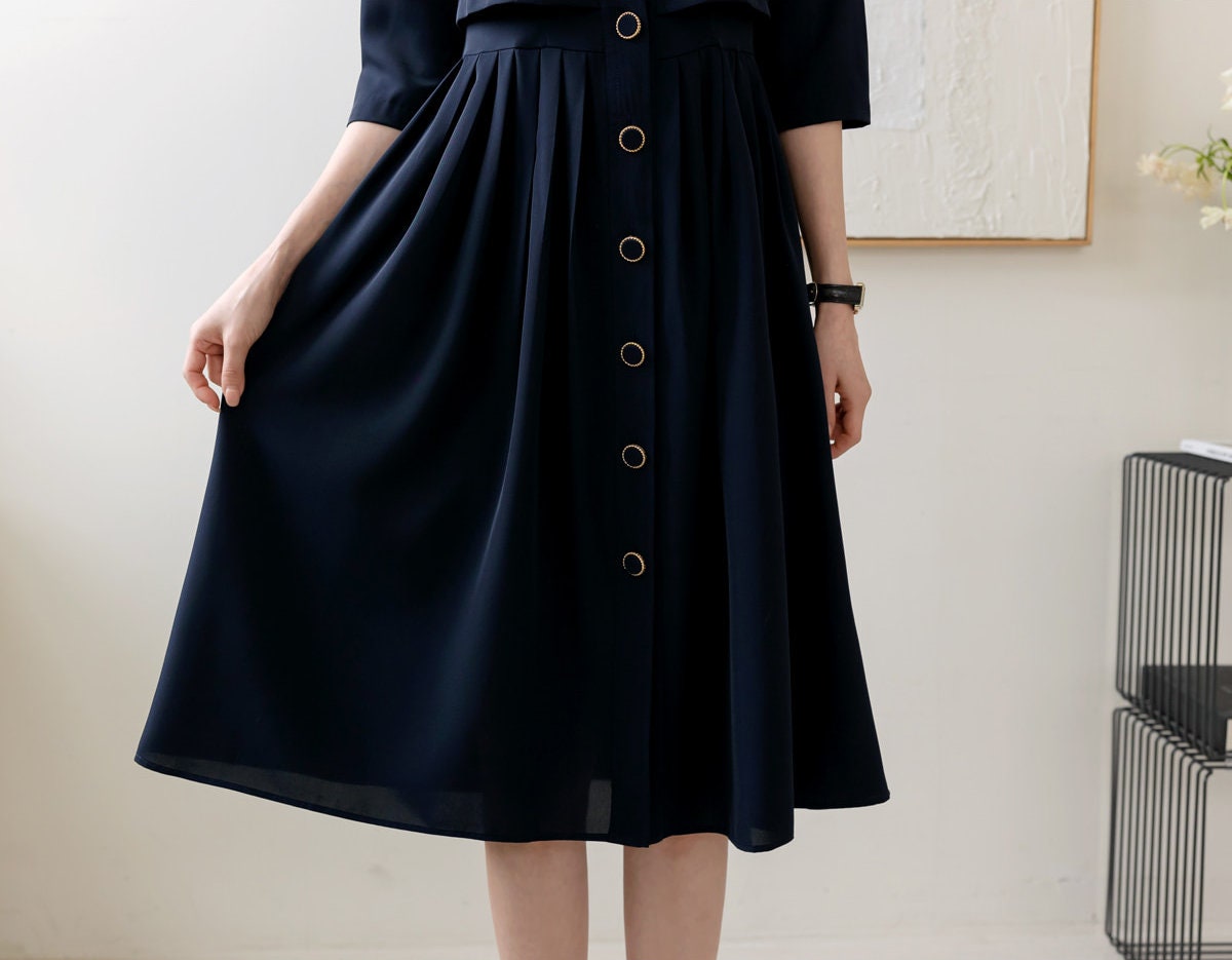 Classic Cropped Top Layered Design Flare Dress / Korean Style Women Dress / Elegant Feminin Shirt Dress / Basic Style Flare Dress Navy