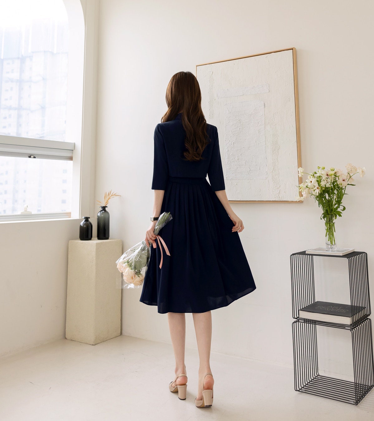 Classic Cropped Top Layered Design Flare Dress / Korean Style Women Dress / Elegant Feminin Shirt Dress / Basic Style Flare Dress Navy