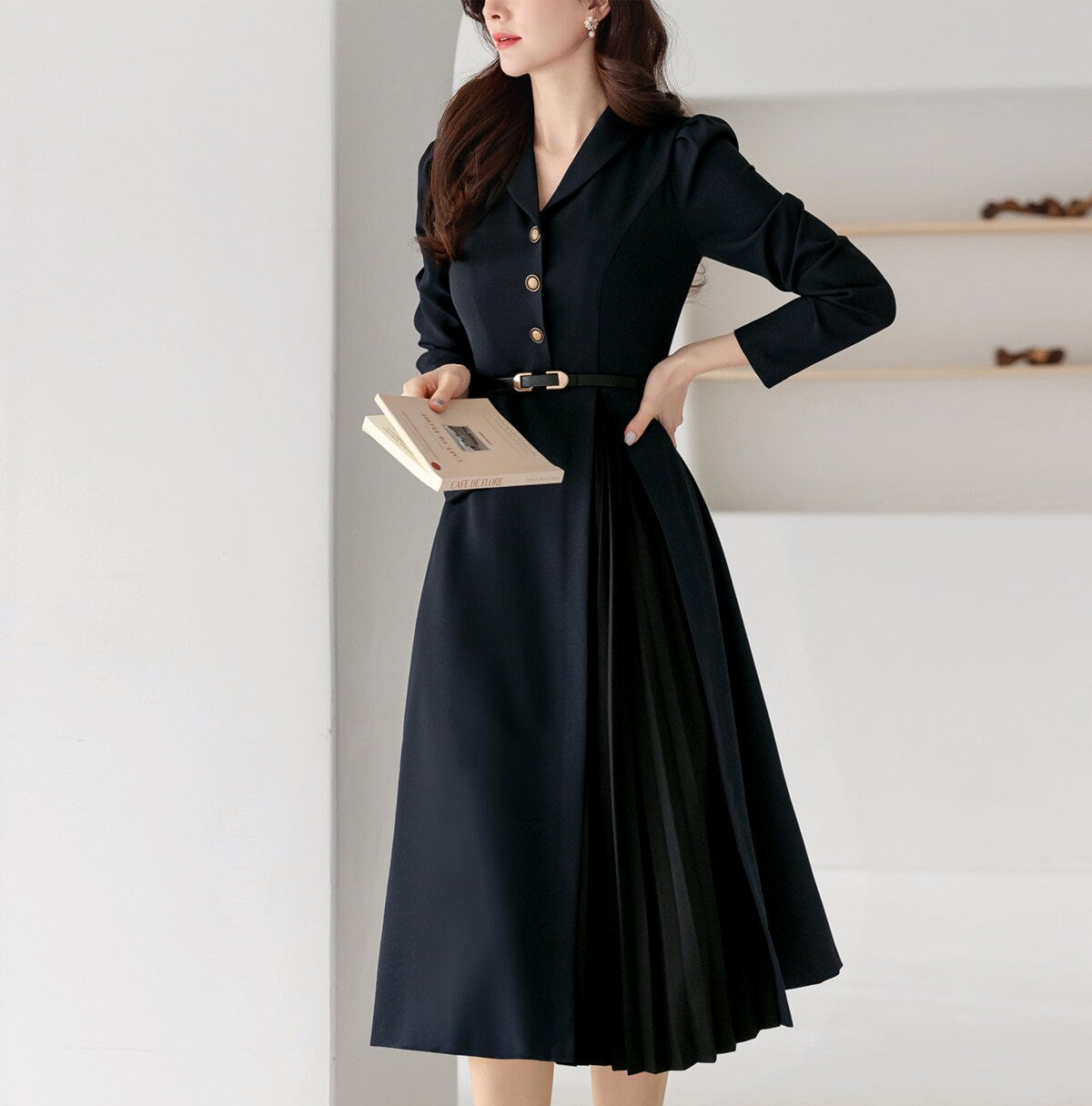 Elegant Feminin Pleated Detail Midi Dress with Belt / Korean Style Women Dress / Luxury wear Elegant Dress