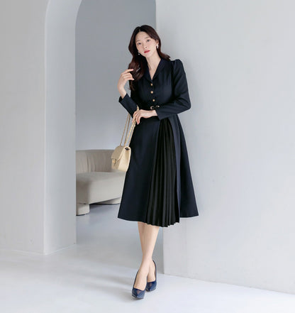 Elegant Feminin Pleated Detail Midi Dress with Belt / Korean Style Women Dress / Luxury wear Elegant Dress