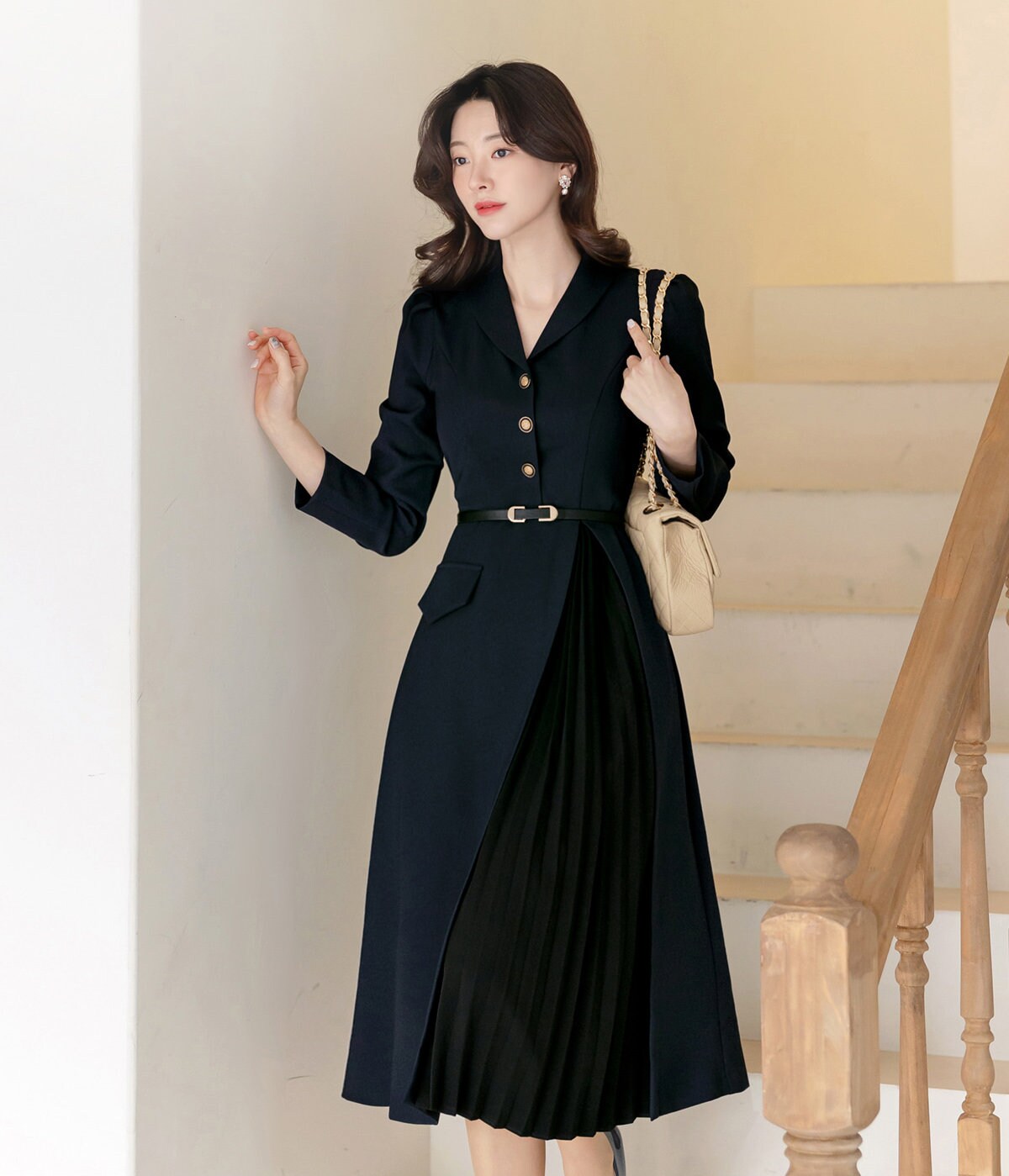 Elegant Feminin Pleated Detail Midi Dress with Belt / Korean Style Women Dress / Luxury wear Elegant Dress