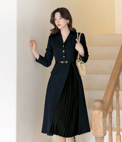 Elegant Feminin Pleated Detail Midi Dress with Belt / Korean Style Women Dress / Luxury wear Elegant Dress