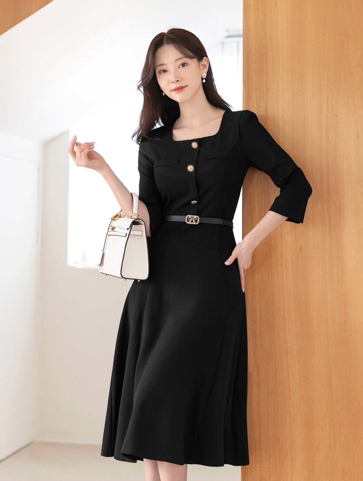 Elegant Square Neck Flare Dress with Belt / Korean Style Short Sleeve Midi Dress with Gold Button / Luxury wear Elegant Dress