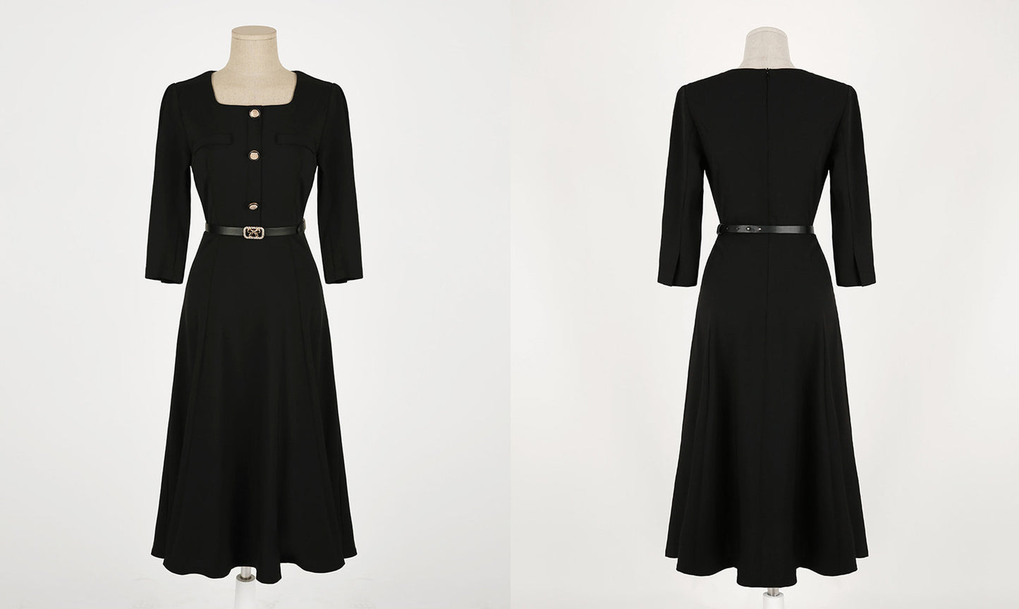 Elegant Square Neck Flare Dress with Belt / Korean Style Short Sleeve Midi Dress with Gold Button / Luxury wear Elegant Dress