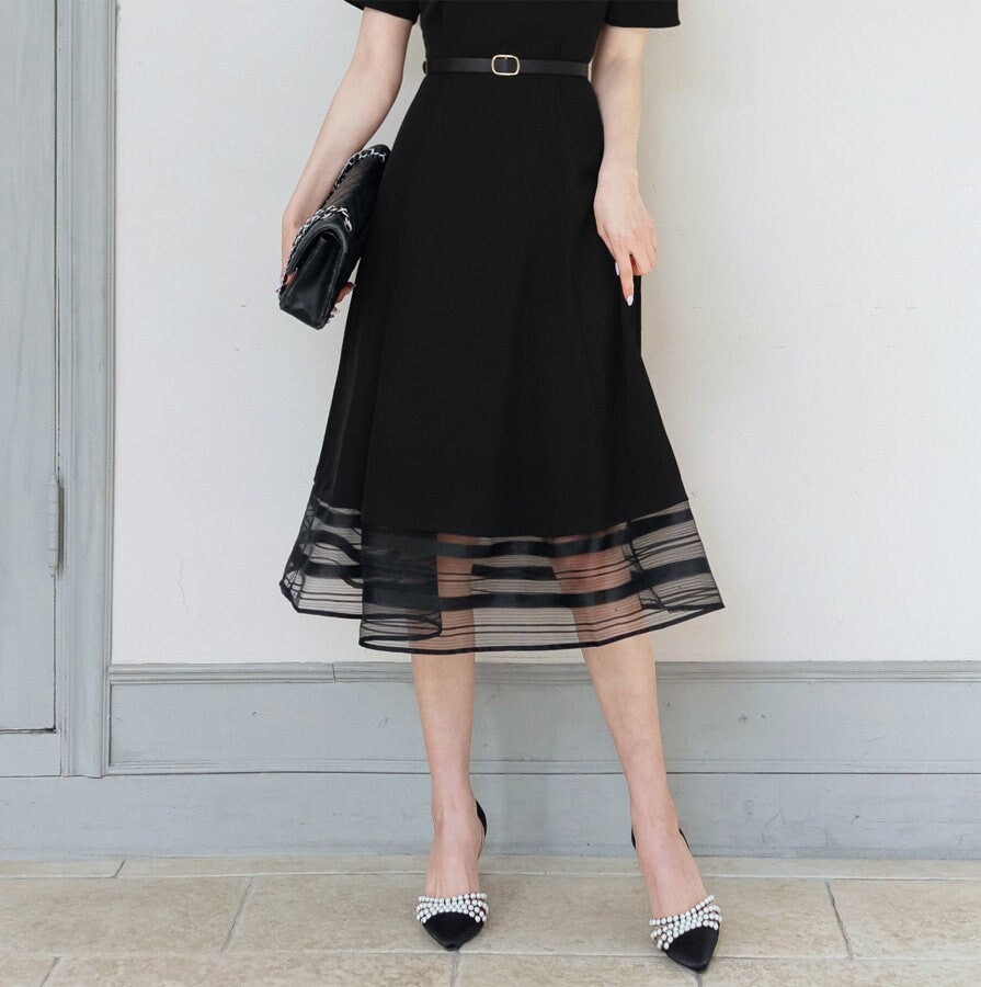 Classic Elegant Square Neck Flare Dress with Belt / Korean Style Short Sleeve Midi Dress / Luxury wear Elegant Black Dress