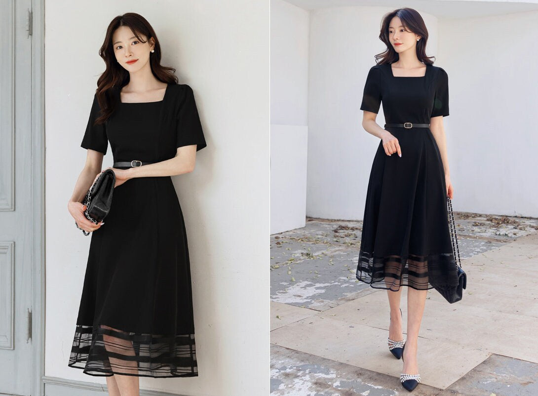 Classic Elegant Square Neck Flare Dress with Belt / Korean Style Short Sleeve Midi Dress / Luxury wear Elegant Black Dress