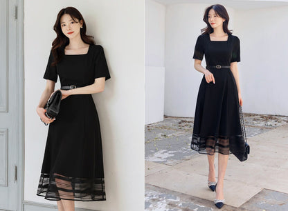 Classic Elegant Square Neck Flare Dress with Belt / Korean Style Short Sleeve Midi Dress / Luxury wear Elegant Black Dress