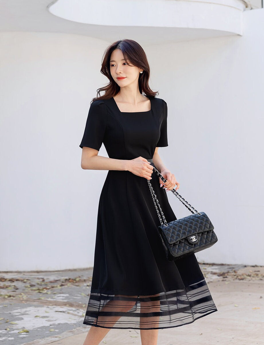 Classic Elegant Square Neck Flare Dress with Belt / Korean Style Short Sleeve Midi Dress / Luxury wear Elegant Black Dress