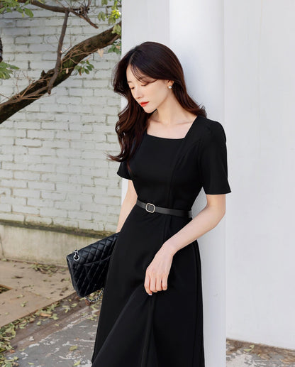 Classic Elegant Square Neck Flare Dress with Belt / Korean Style Short Sleeve Midi Dress / Luxury wear Elegant Black Dress