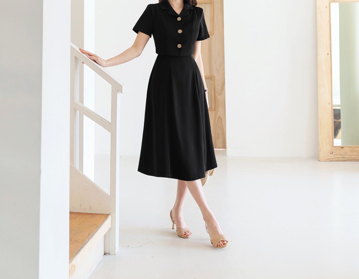 Cropped Top Jacket Layered Design Flare Dress / Korean Style Women Midi Dress / Elegant Feminin Black Dress / Basic Style Flare Midi Dress