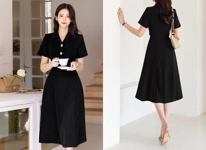 Cropped Top Jacket Layered Design Flare Dress / Korean Style Women Midi Dress / Elegant Feminin Black Dress / Basic Style Flare Midi Dress