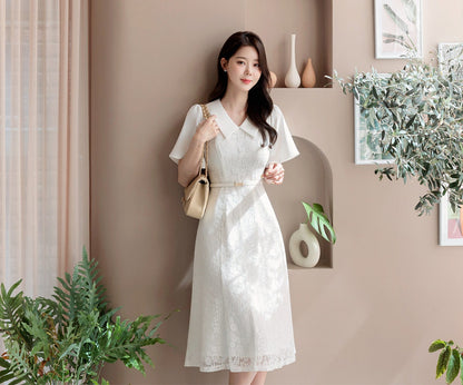 Elegant Classic Short Sleeve Lace Dress with Belt / Simple Modern Unique Bridal Wedding Dress / Korean Style Feminine Lace Dress