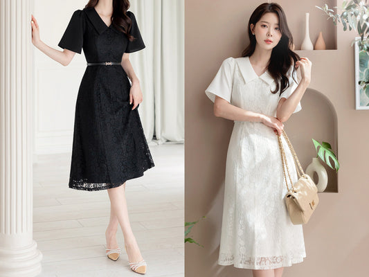 Elegant Classic Short Sleeve Lace Dress with Belt / Simple Modern Unique Bridal Wedding Dress / Korean Style Feminine Lace Dress