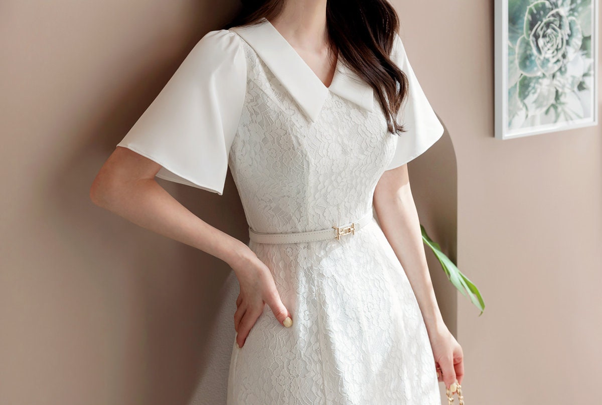 Elegant Classic Short Sleeve Lace Dress with Belt / Simple Modern Unique Bridal Wedding Dress / Korean Style Feminine Lace Dress